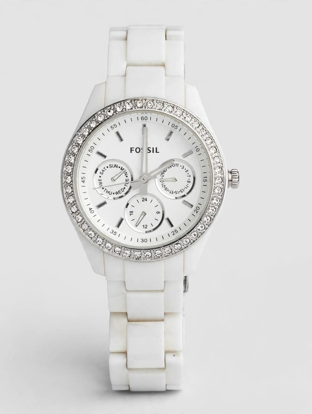 Fossil Ladies White Ceramic Crystal Bezel Multifunction Watch
